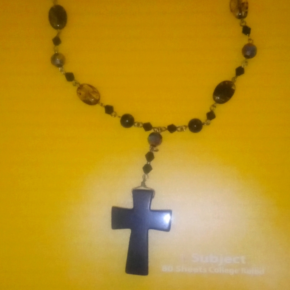 Black Beaded Cross Necklace